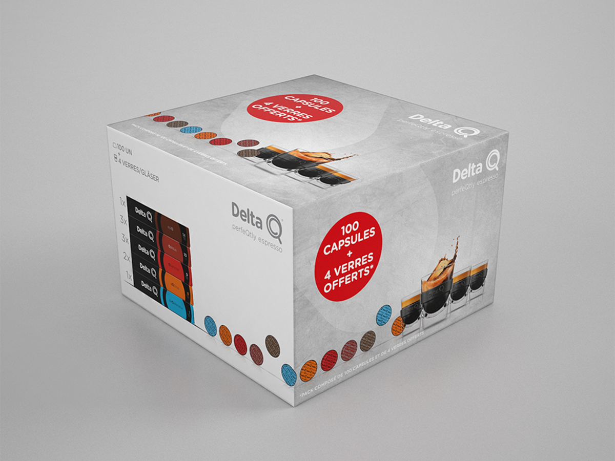 Pack Delta Q 10 Tuben + 4 Espressogläser